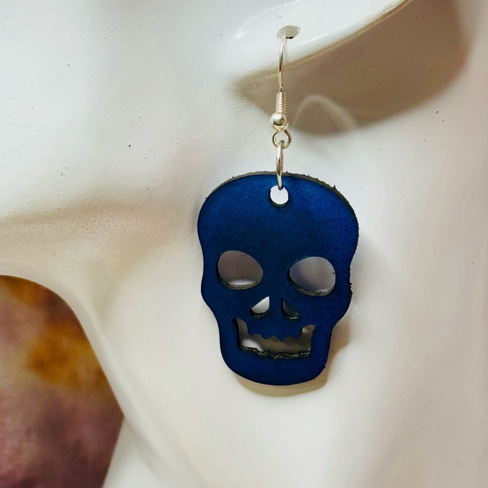 Blue skull earrings hand crafted leather